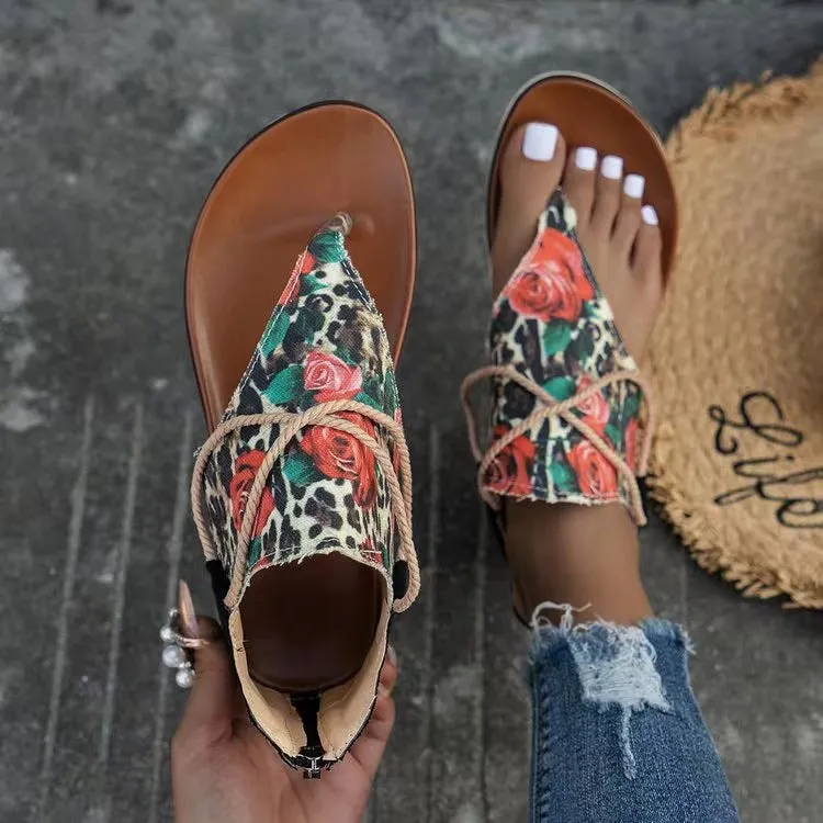✨ Women's Flip-Toe Flat Sandals with Back Zipper | Roman Style Printed Summer Sandals for Casual & Beach Wear ✨