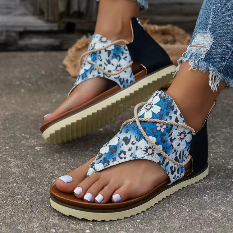 ✨ Women's Flip-Toe Flat Sandals with Back Zipper | Roman Style Printed Summer Sandals for Casual & Beach Wear ✨