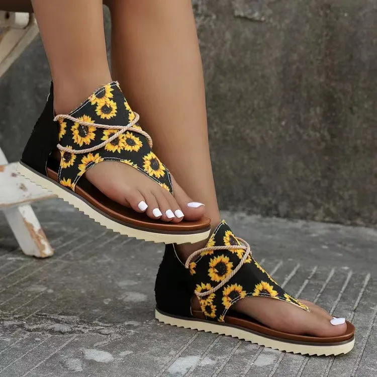 ✨ Women's Flip-Toe Flat Sandals with Back Zipper | Roman Style Printed Summer Sandals for Casual & Beach Wear ✨