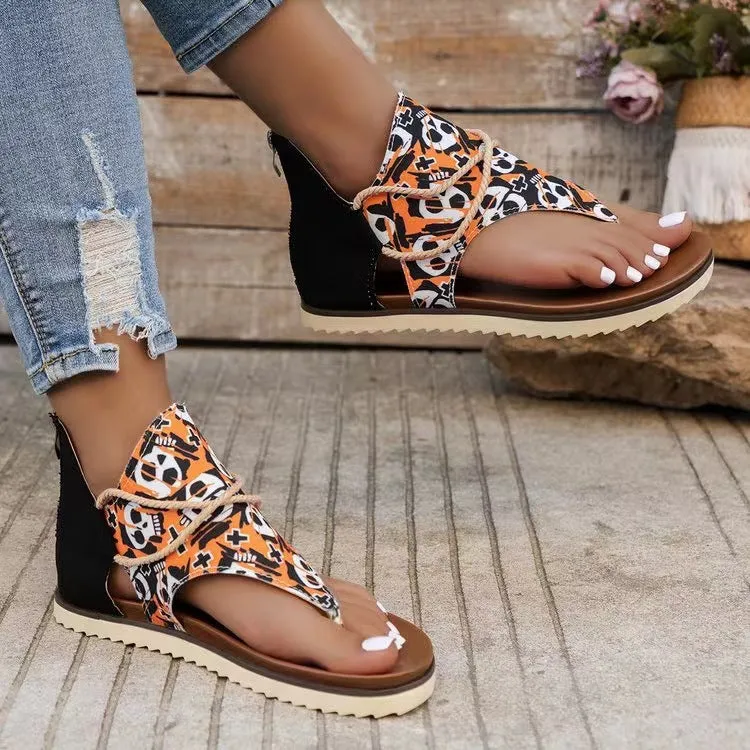 ✨ Women's Flip-Toe Flat Sandals with Back Zipper | Roman Style Printed Summer Sandals for Casual & Beach Wear ✨