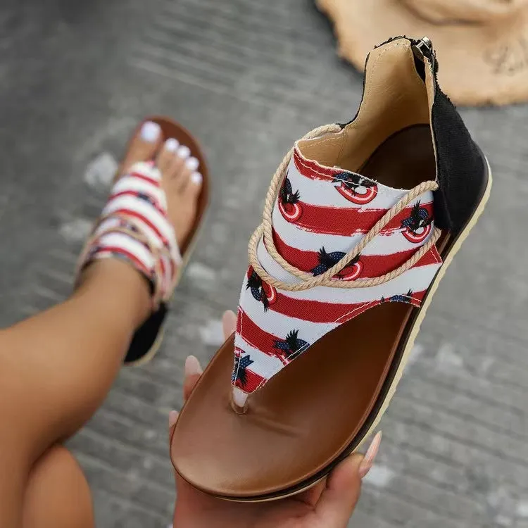 ✨ Women's Flip-Toe Flat Sandals with Back Zipper | Roman Style Printed Summer Sandals for Casual & Beach Wear ✨