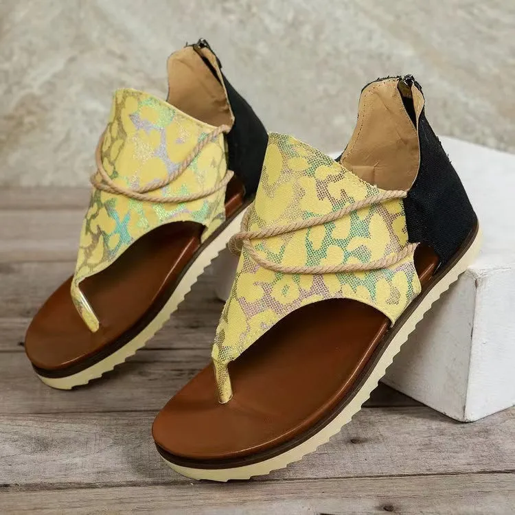 ✨ Women's Flip-Toe Flat Sandals with Back Zipper | Roman Style Printed Summer Sandals for Casual & Beach Wear ✨