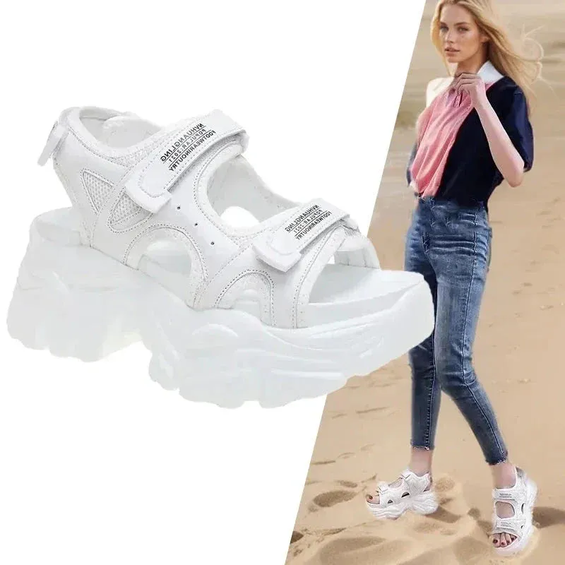 8cm Women Sandals Platform Thick Sole Chunky Shoes Platform Ins Casual Summer Shoes Sandals Beige Black Comfortable