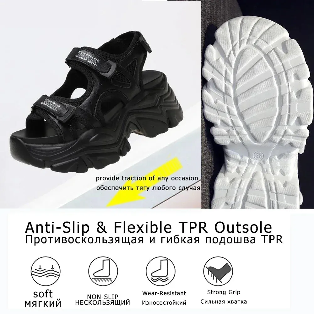 8cm Women Sandals Platform Thick Sole Chunky Shoes Platform Ins Casual Summer Shoes Sandals Beige Black Comfortable
