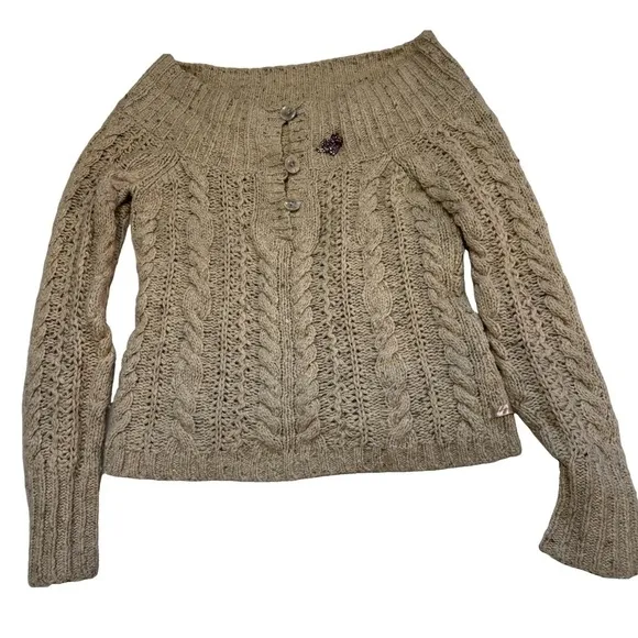 American Eagle Women's Size L Beige Cable Knit Sweater with Removable Brooch NEW