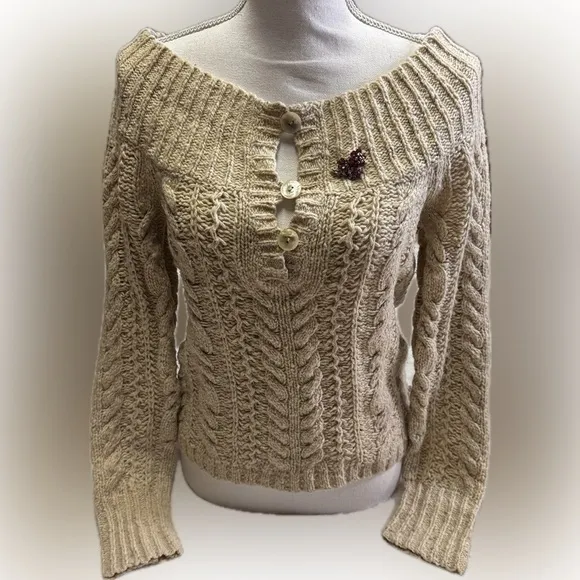 American Eagle Women's Size L Beige Cable Knit Sweater with Removable Brooch NEW