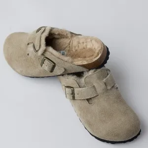 Birkenstock Beige Suede Shearling Boston Clogs