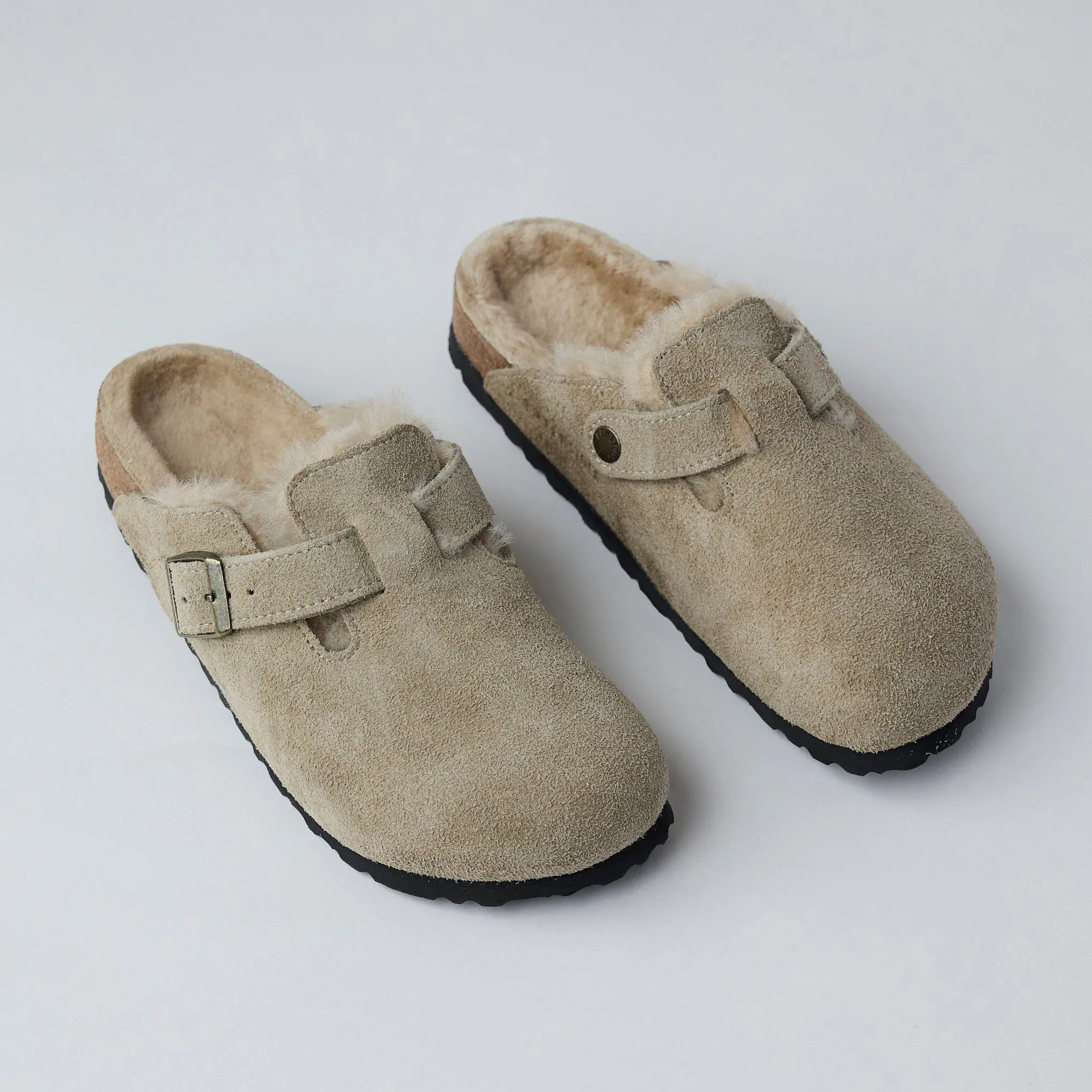 Birkenstock Beige Suede Shearling Boston Clogs