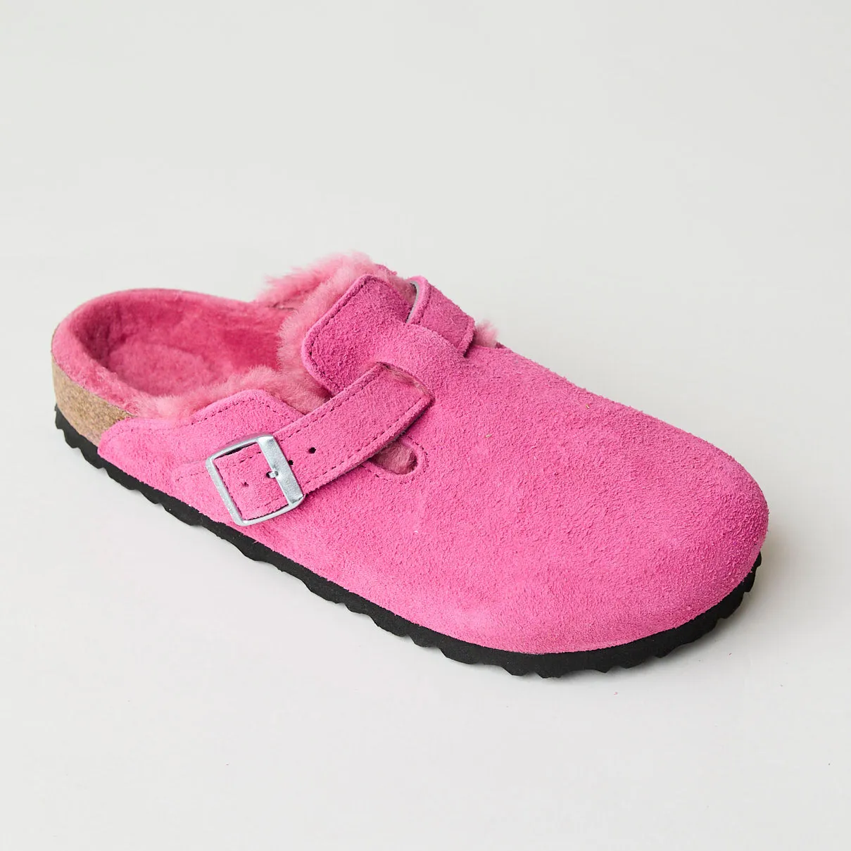 Birkenstock Boston Fuchsia Pink Suede Shearling Clogs