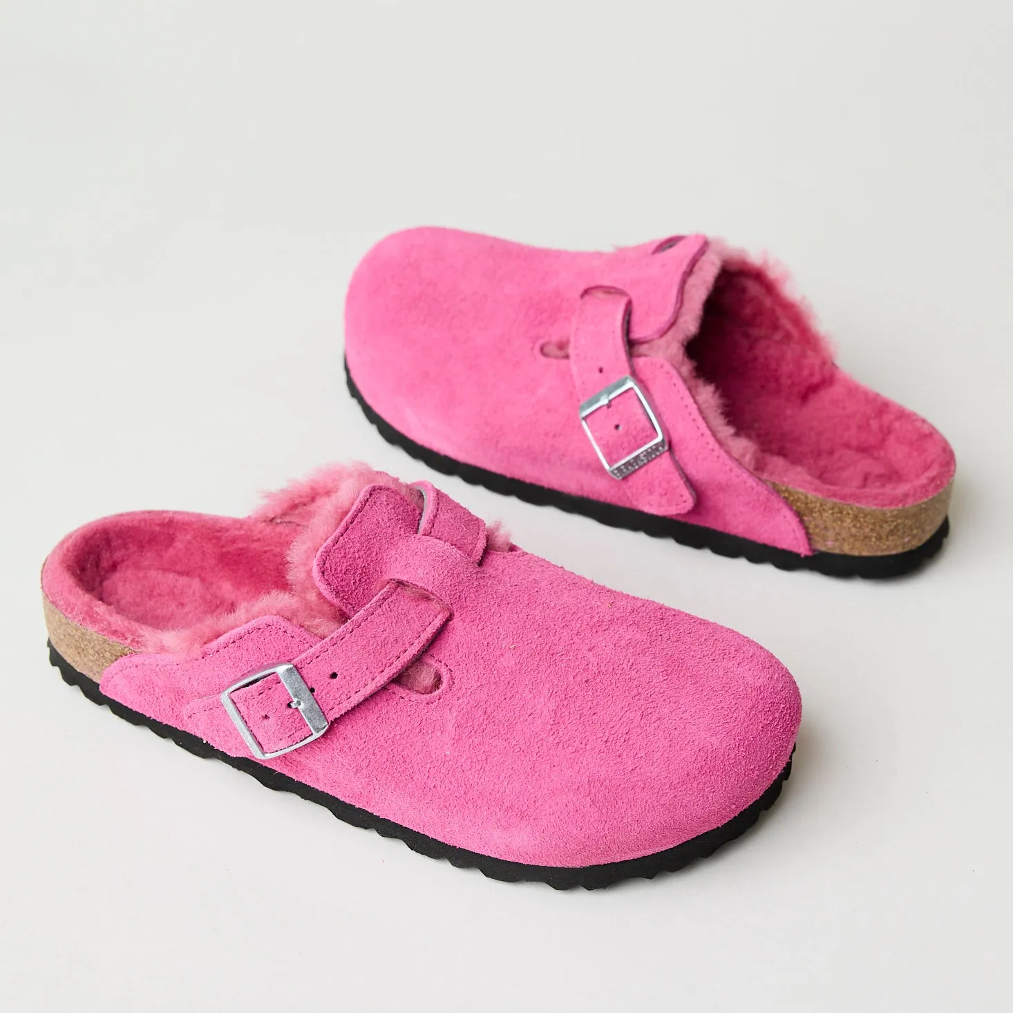 Birkenstock Boston Fuchsia Pink Suede Shearling Clogs