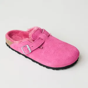Birkenstock Boston Fuchsia Pink Suede Shearling Clogs