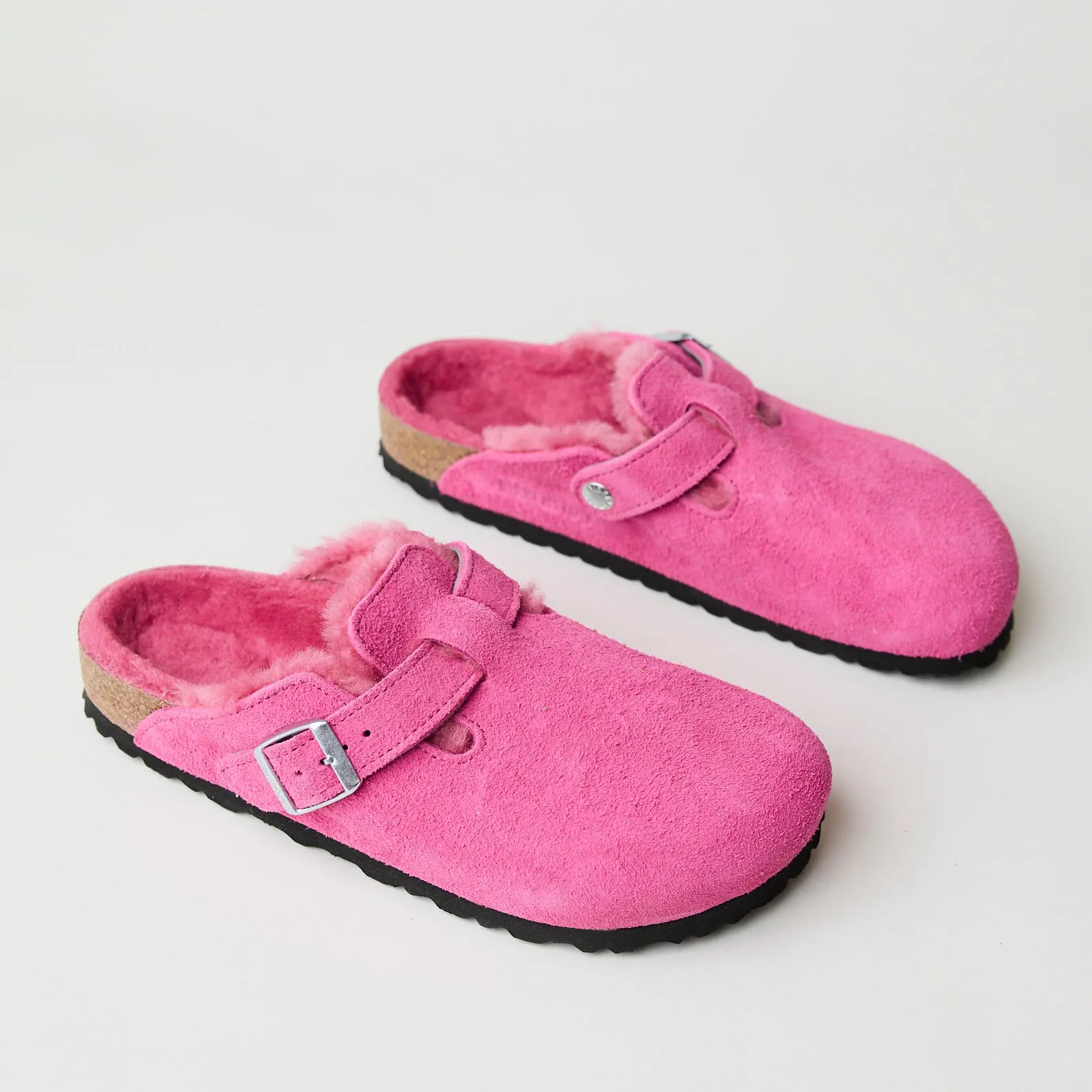 Birkenstock Boston Fuchsia Pink Suede Shearling Clogs