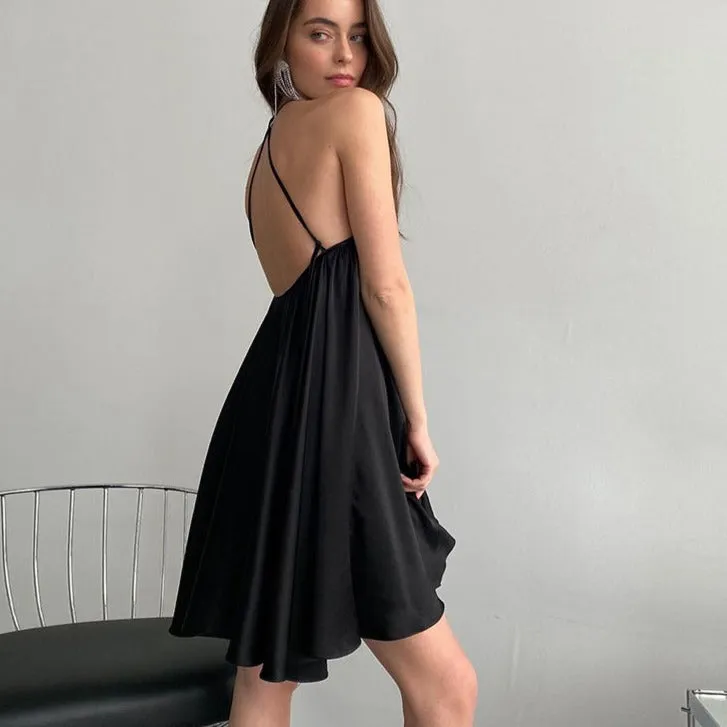 Black flared satin dress