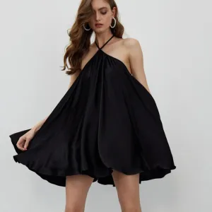 Black flared satin dress