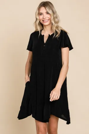 Black Notched Short Sleeve Dress