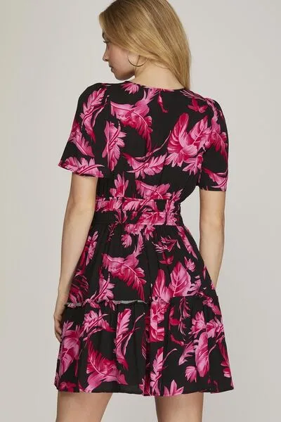 Black Printed Notched Short Sleeve Frill Tiered Dress
