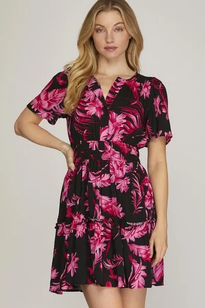 Black Printed Notched Short Sleeve Frill Tiered Dress