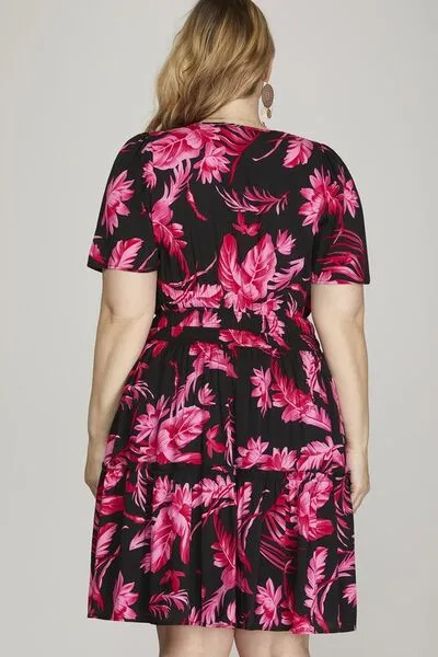 Black Printed Notched Short Sleeve Frill Tiered Dress