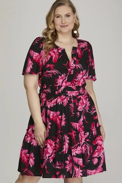 Black Printed Notched Short Sleeve Frill Tiered Dress