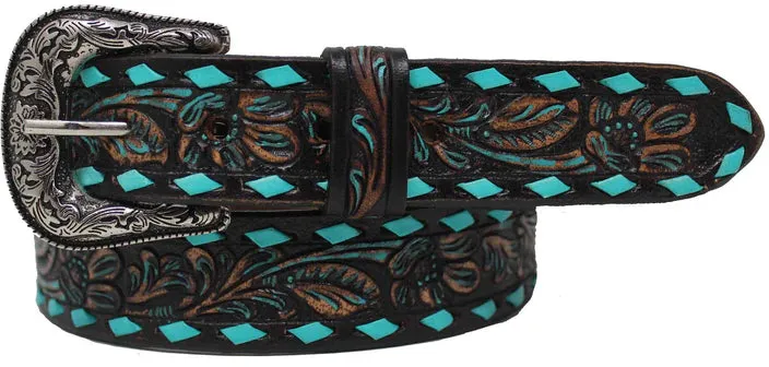 Challenger Western Rodeo Floral Tooled Teal Backstitched Leather Belt