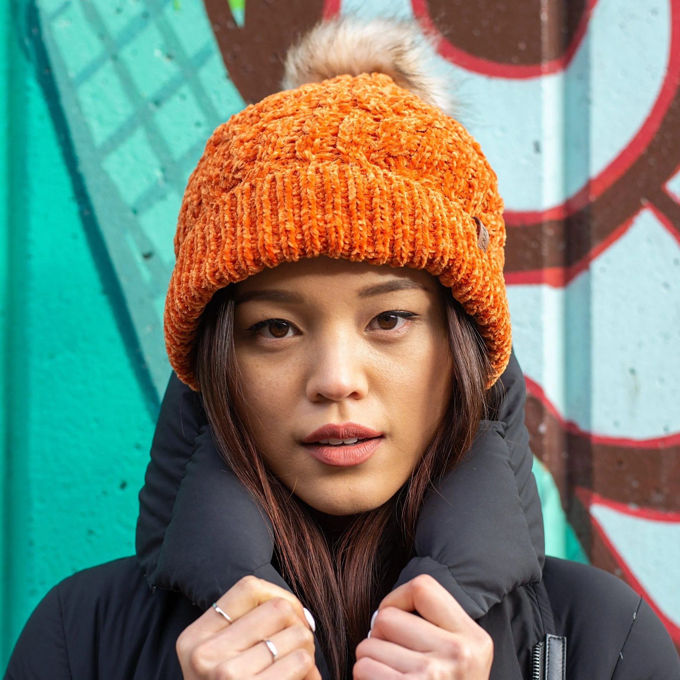 Chenille Knit Beanie Hat | Peach Caramel