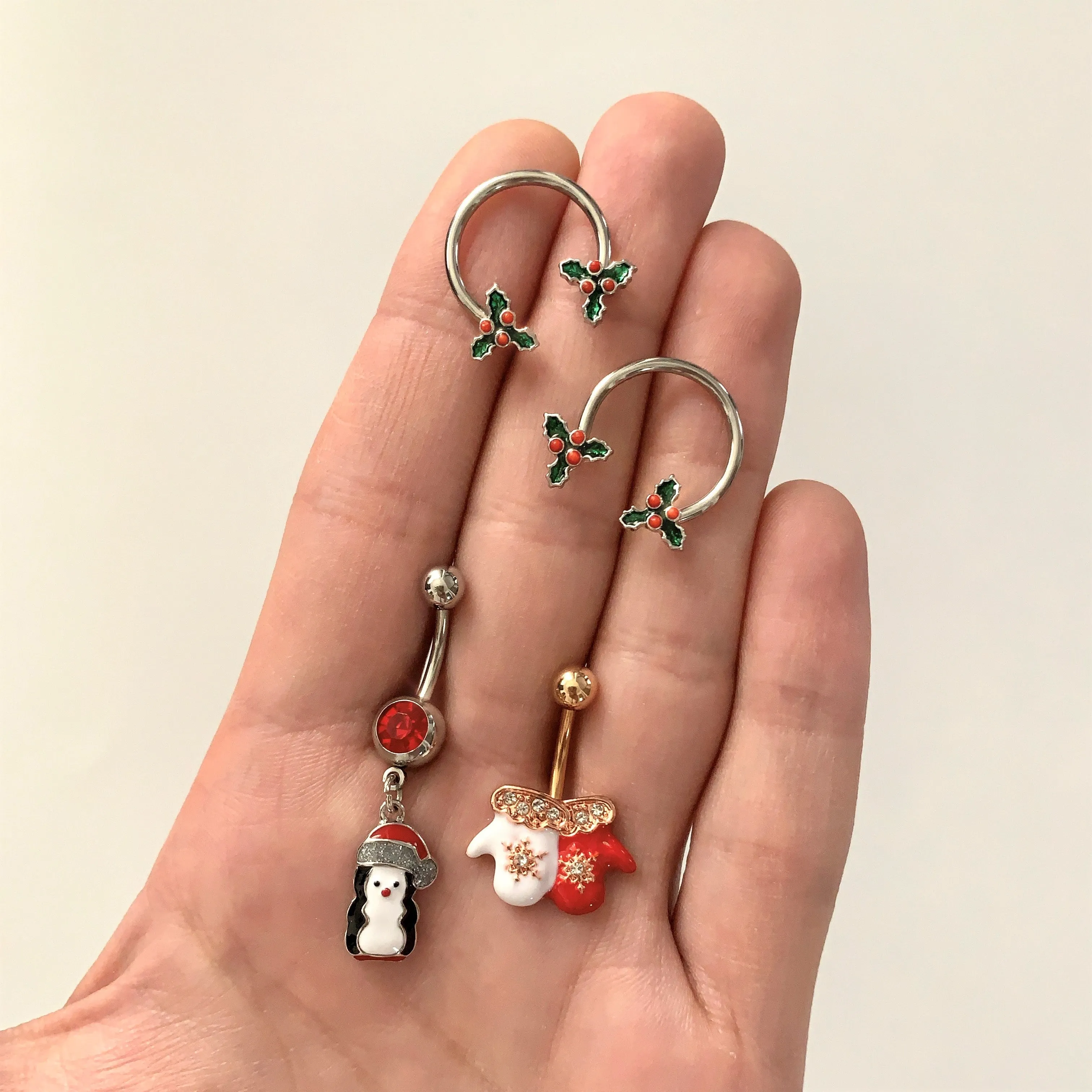 Clear Gem Rose Gold Tone Winter Mittens Snowflake Christmas Belly Ring