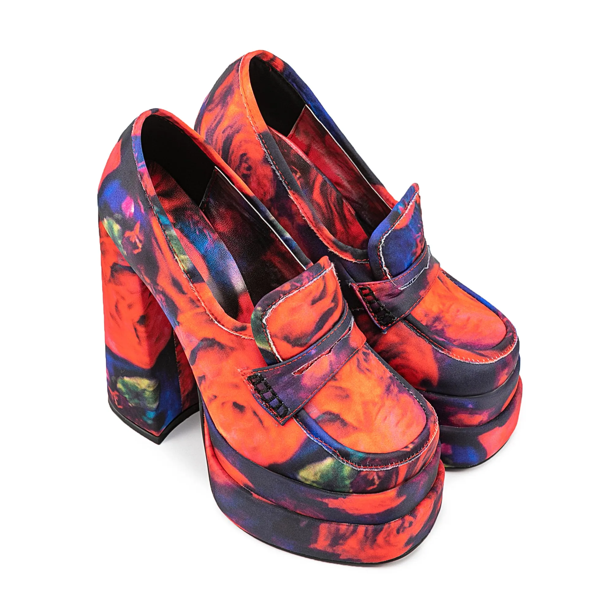 Colorful Flower Print Platform Chunky Red Heeled Loafers