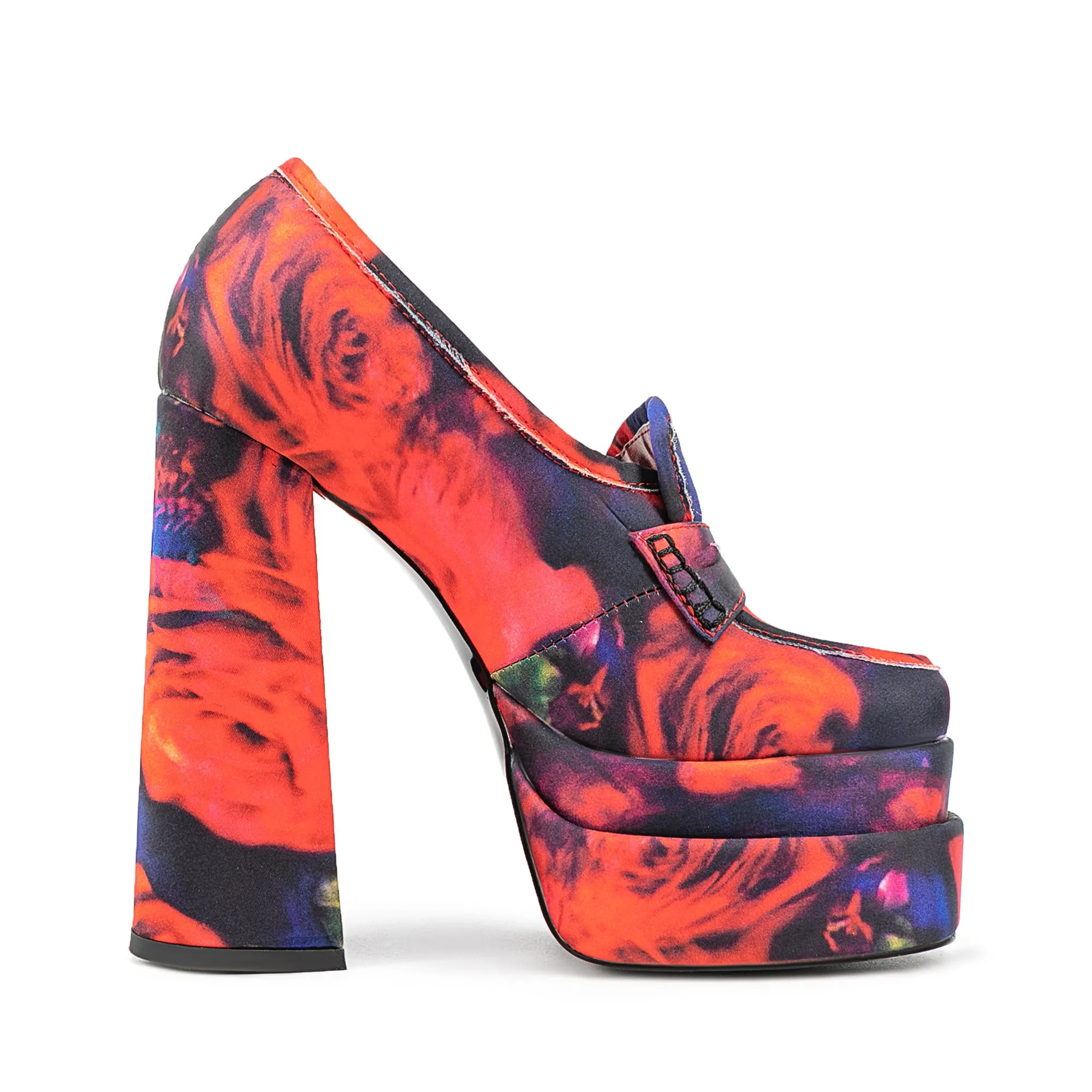 Colorful Flower Print Platform Chunky Red Heeled Loafers