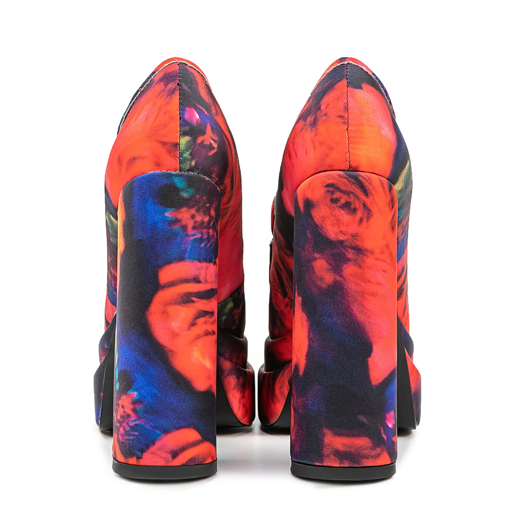 Colorful Flower Print Platform Chunky Red Heeled Loafers
