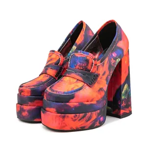 Colorful Flower Print Platform Chunky Red Heeled Loafers