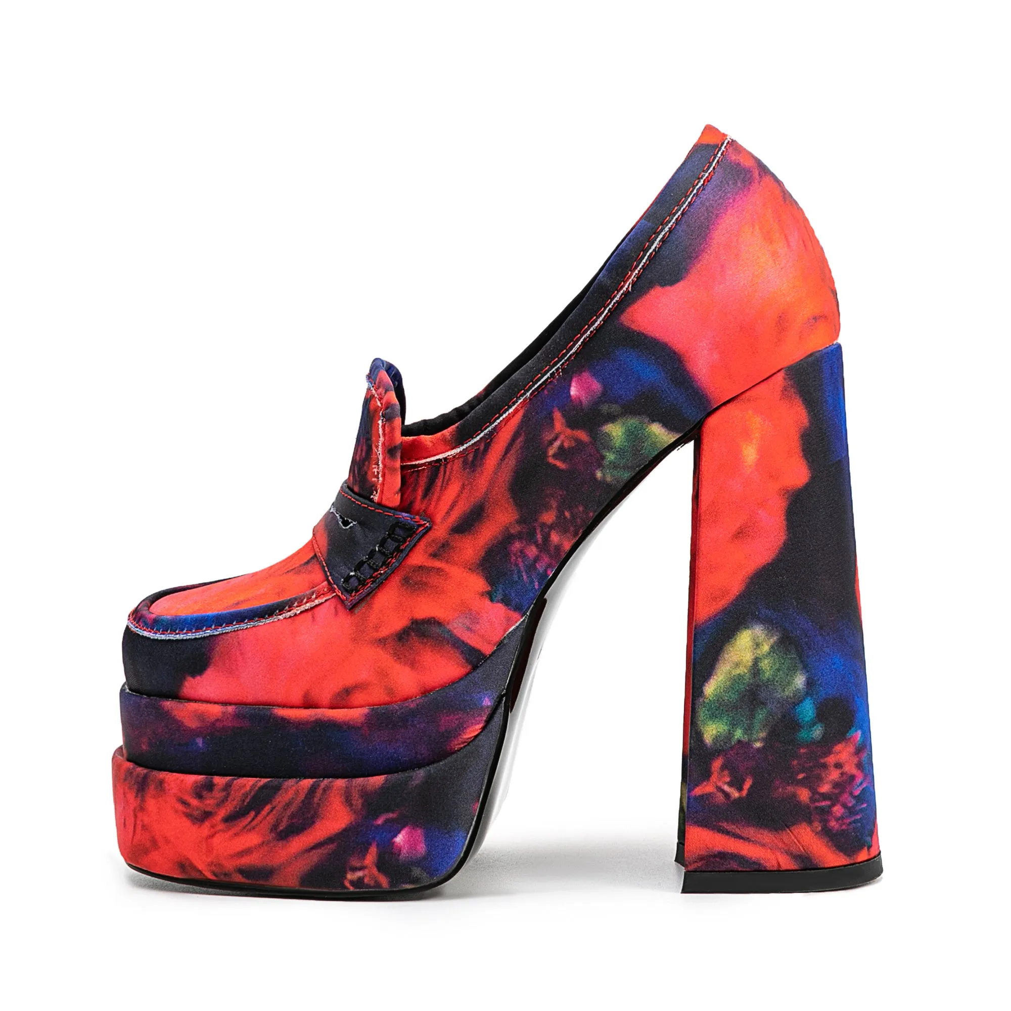 Colorful Flower Print Platform Chunky Red Heeled Loafers