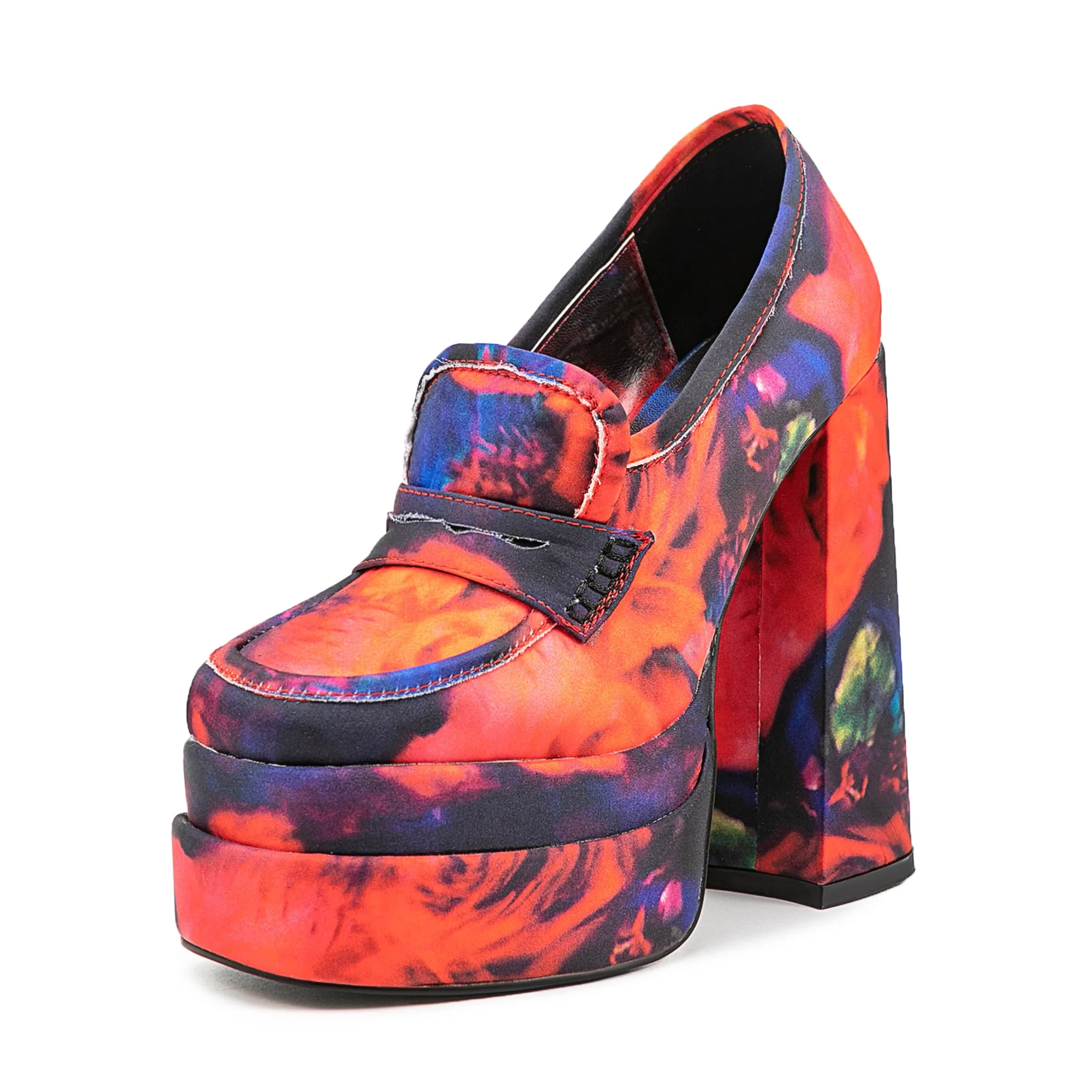 Colorful Flower Print Platform Chunky Red Heeled Loafers