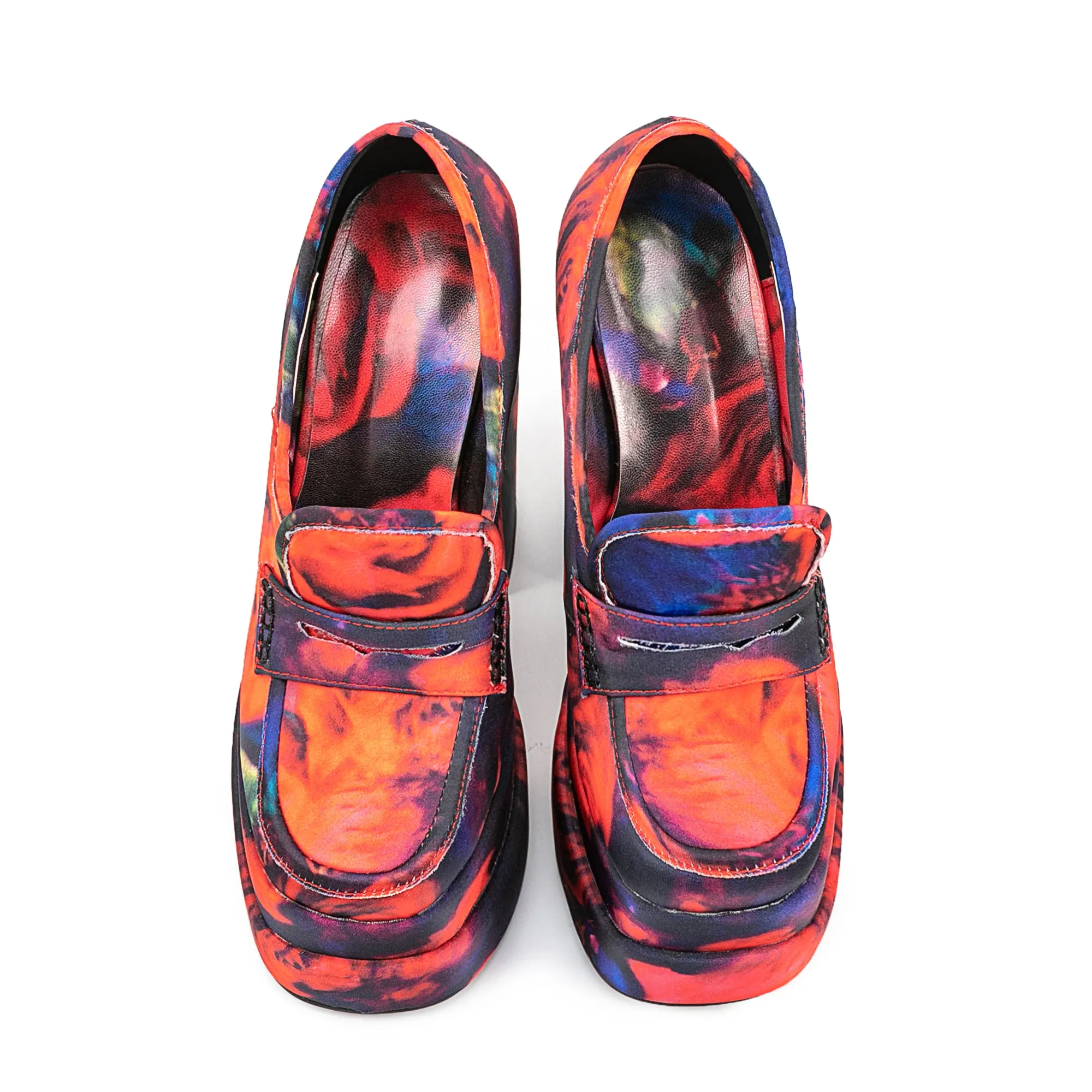 Colorful Flower Print Platform Chunky Red Heeled Loafers