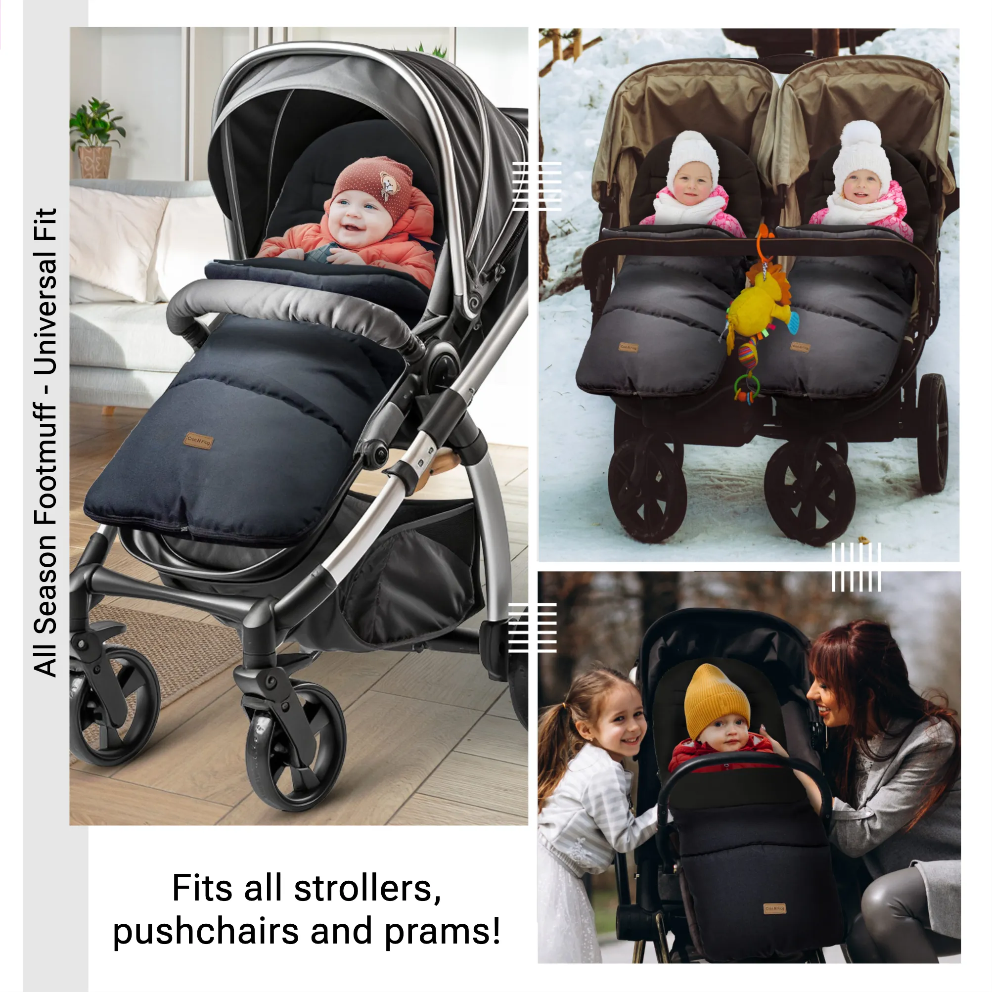 CrocnFrog Baby Stroller Bunting Blanket | Toddler Universal Footmuff Sleeping Bag with Adjustable Side Zips | Black