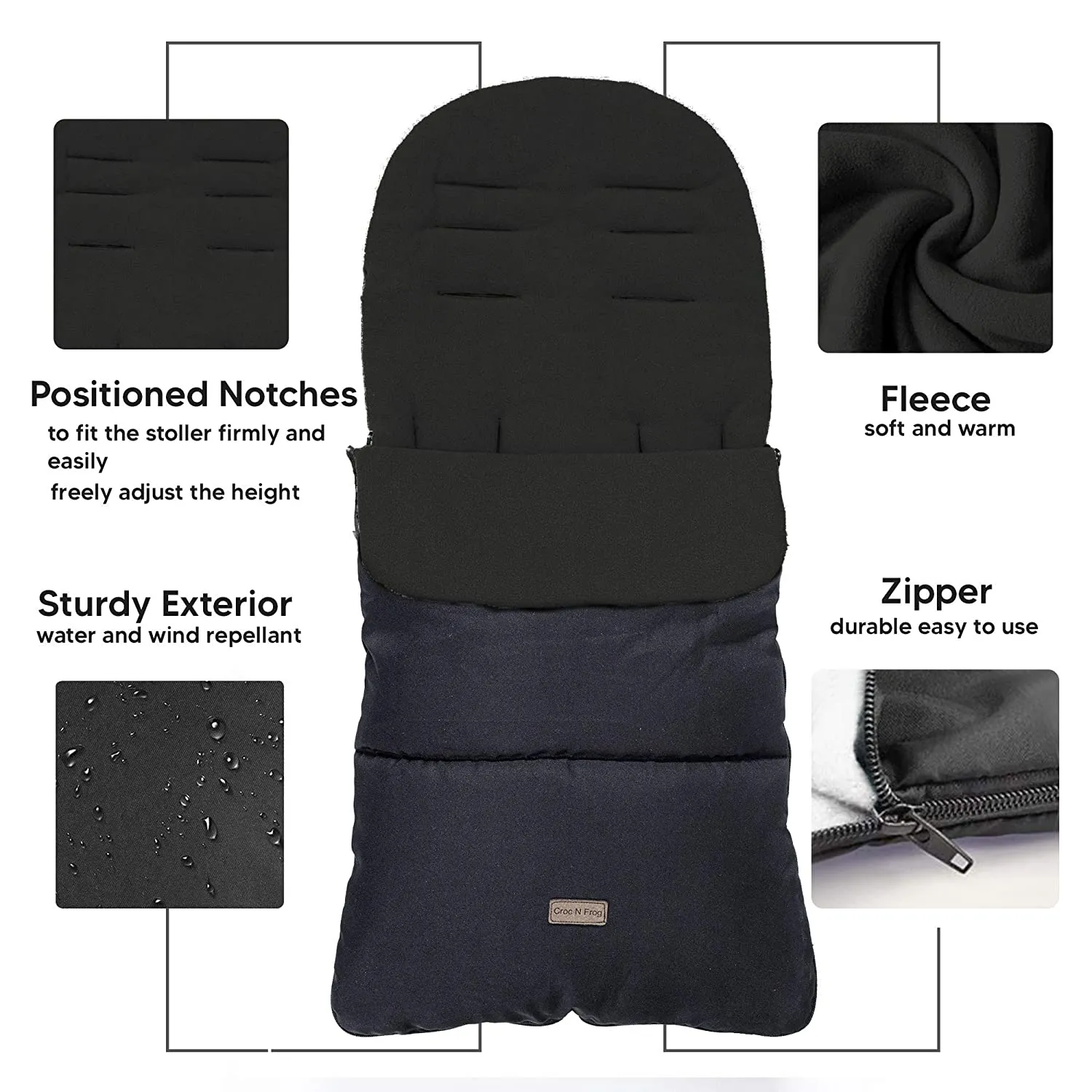 CrocnFrog Baby Stroller Bunting Blanket | Toddler Universal Footmuff Sleeping Bag with Adjustable Side Zips | Black