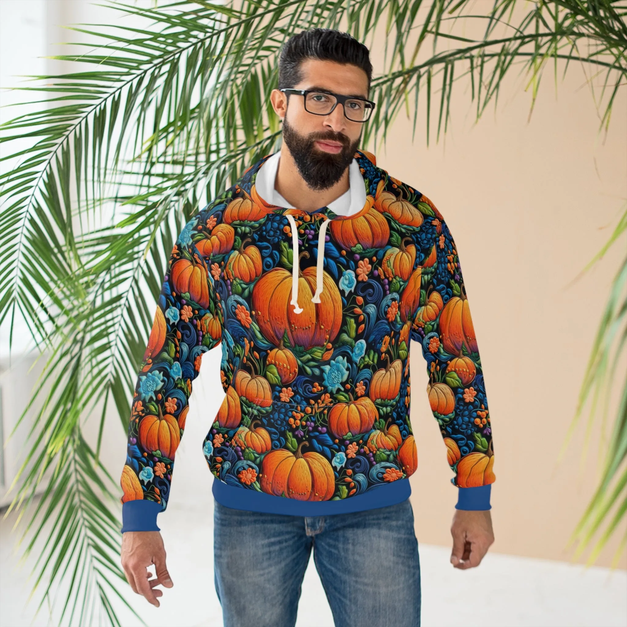 Fall Pumpkin Pullover Hoodie with Faux Orange & Blue Embroidery