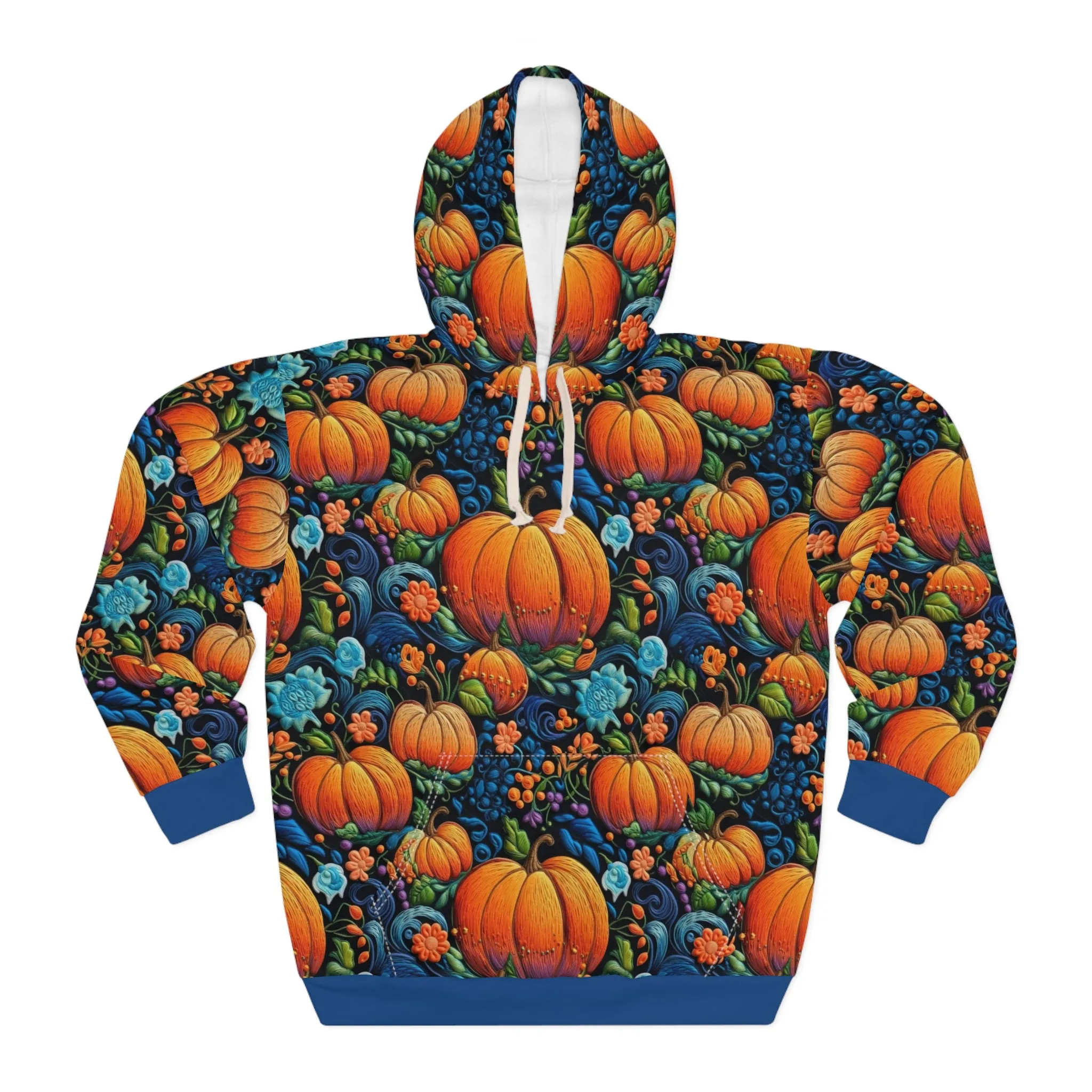 Fall Pumpkin Pullover Hoodie with Faux Orange & Blue Embroidery