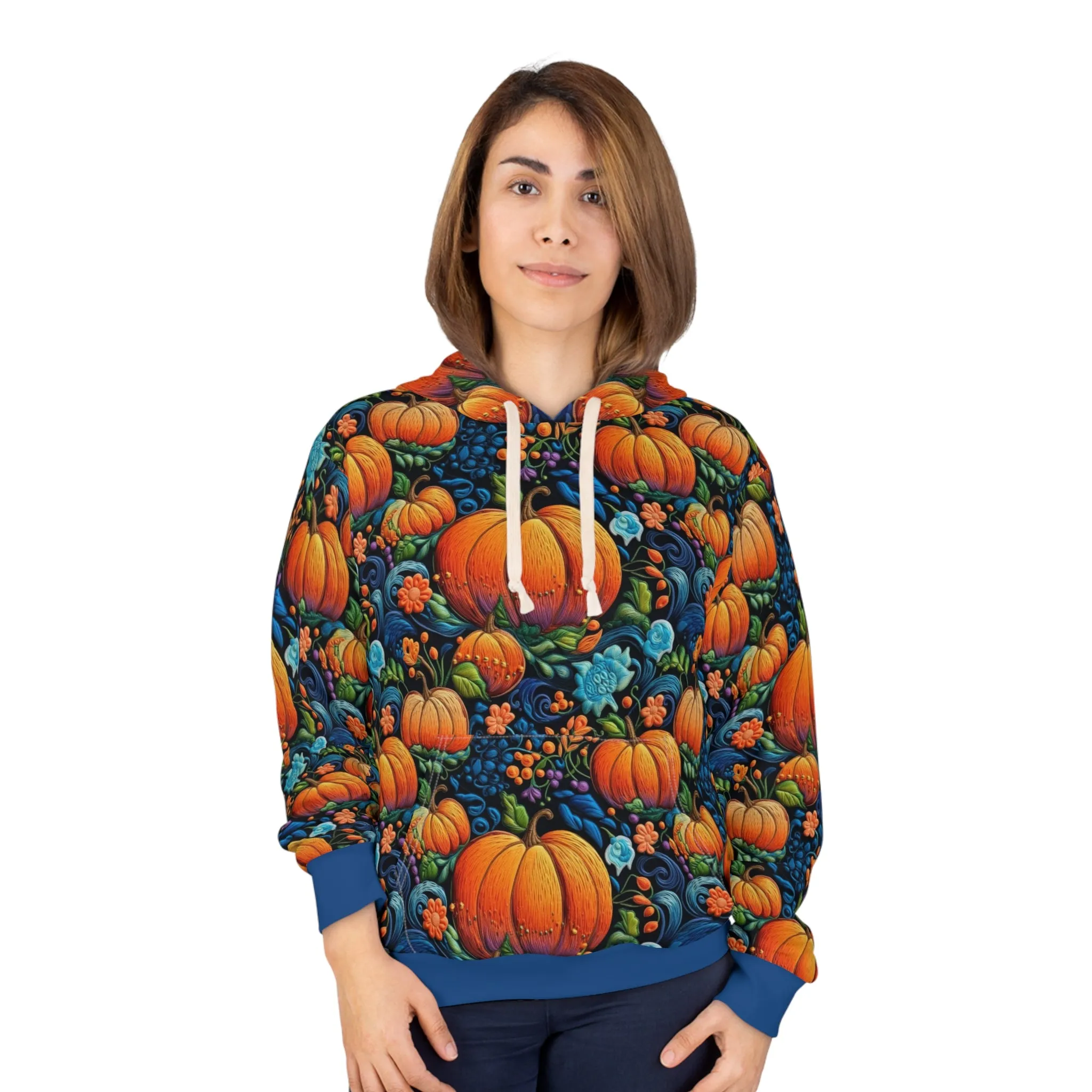 Fall Pumpkin Pullover Hoodie with Faux Orange & Blue Embroidery