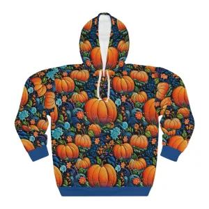 Fall Pumpkin Pullover Hoodie with Faux Orange & Blue Embroidery