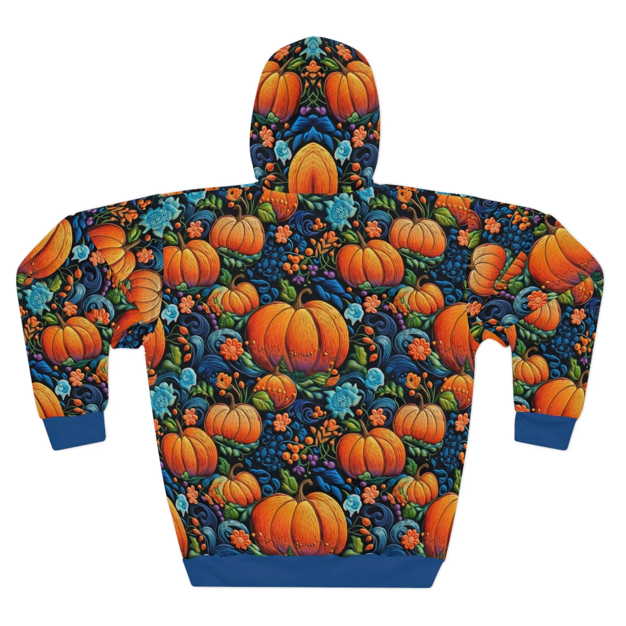 Fall Pumpkin Pullover Hoodie with Faux Orange & Blue Embroidery