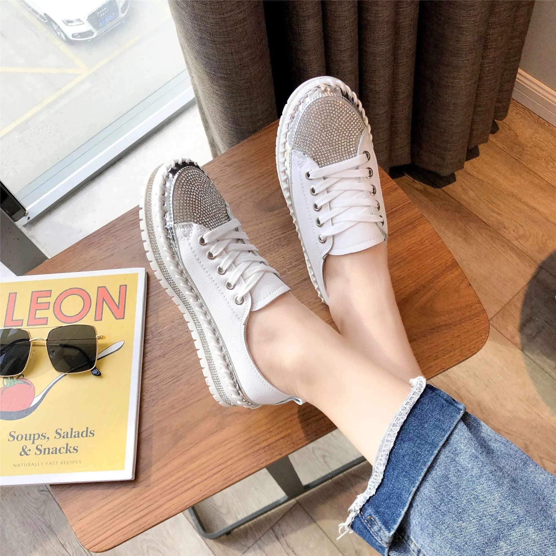 Foreign Trade Large Size White Shoes For Women 2023 New Diamond-encrusted Platform Thick-soled Loafers Sequined Edge Fashion Sneakers