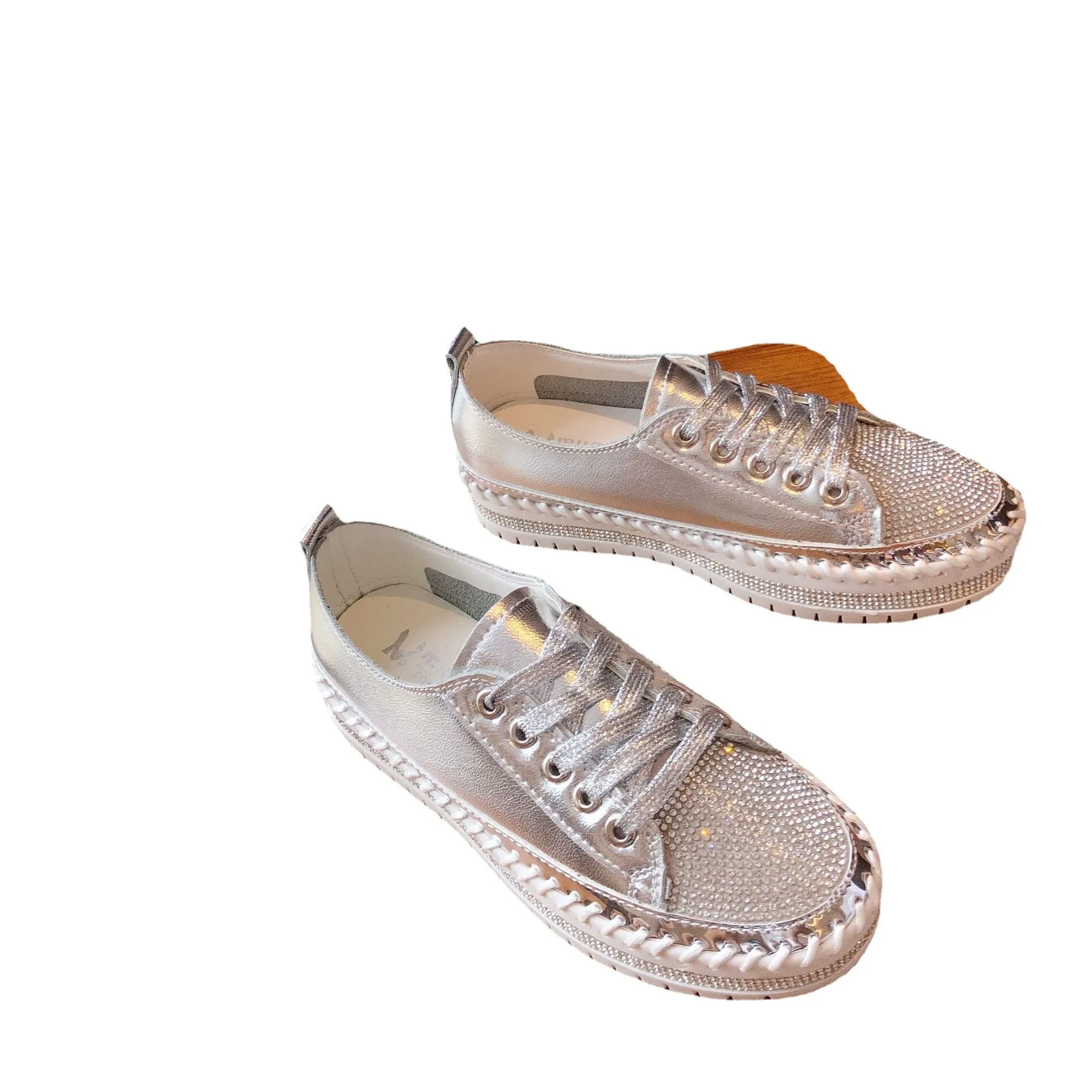 Foreign Trade Large Size White Shoes For Women 2023 New Diamond-encrusted Platform Thick-soled Loafers Sequined Edge Fashion Sneakers