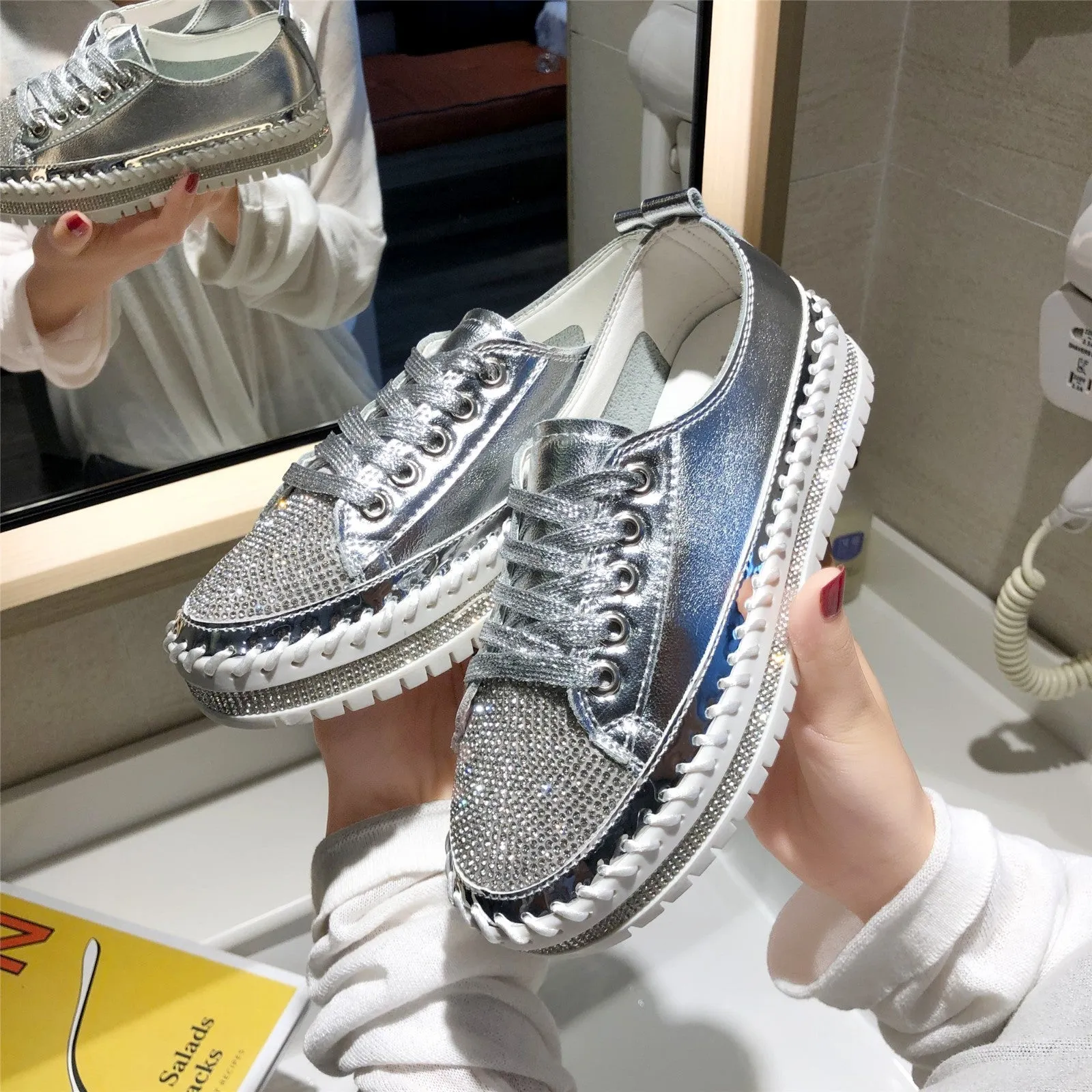 Foreign Trade Large Size White Shoes For Women 2023 New Diamond-encrusted Platform Thick-soled Loafers Sequined Edge Fashion Sneakers