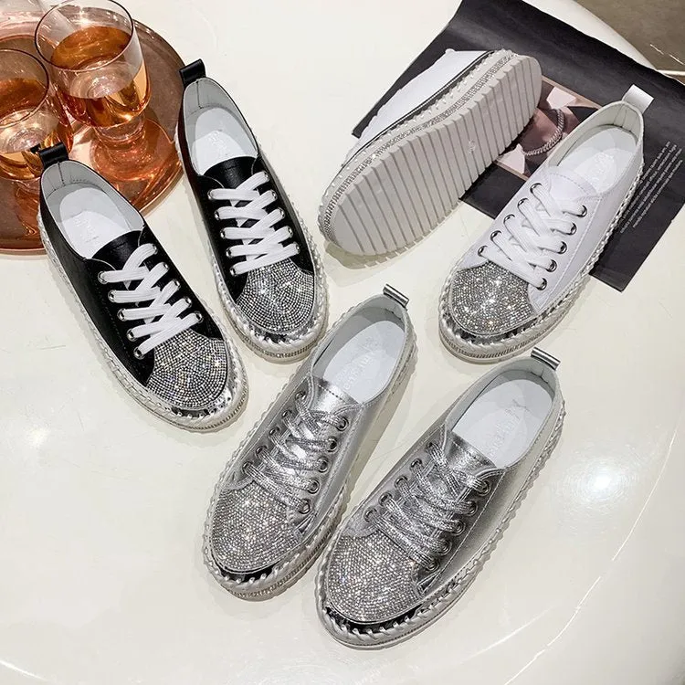 Foreign Trade Large Size White Shoes For Women 2023 New Diamond-encrusted Platform Thick-soled Loafers Sequined Edge Fashion Sneakers