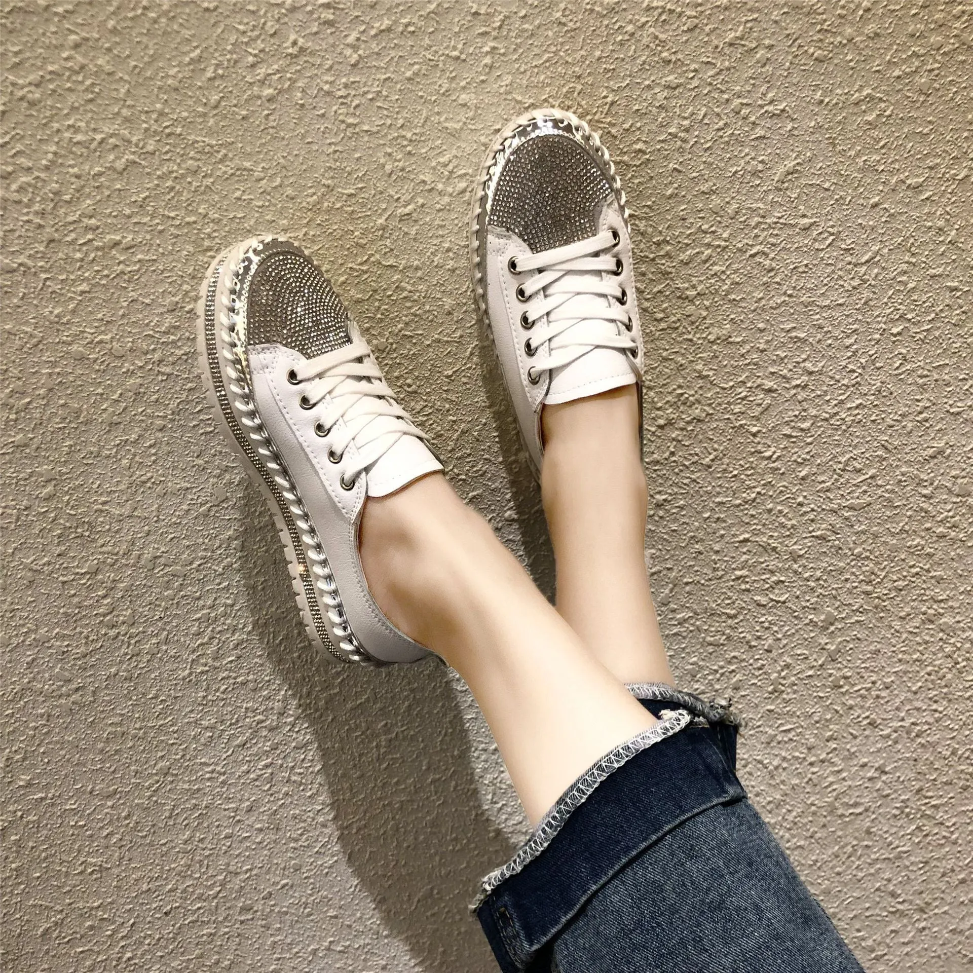 Foreign Trade Large Size White Shoes For Women 2023 New Diamond-encrusted Platform Thick-soled Loafers Sequined Edge Fashion Sneakers