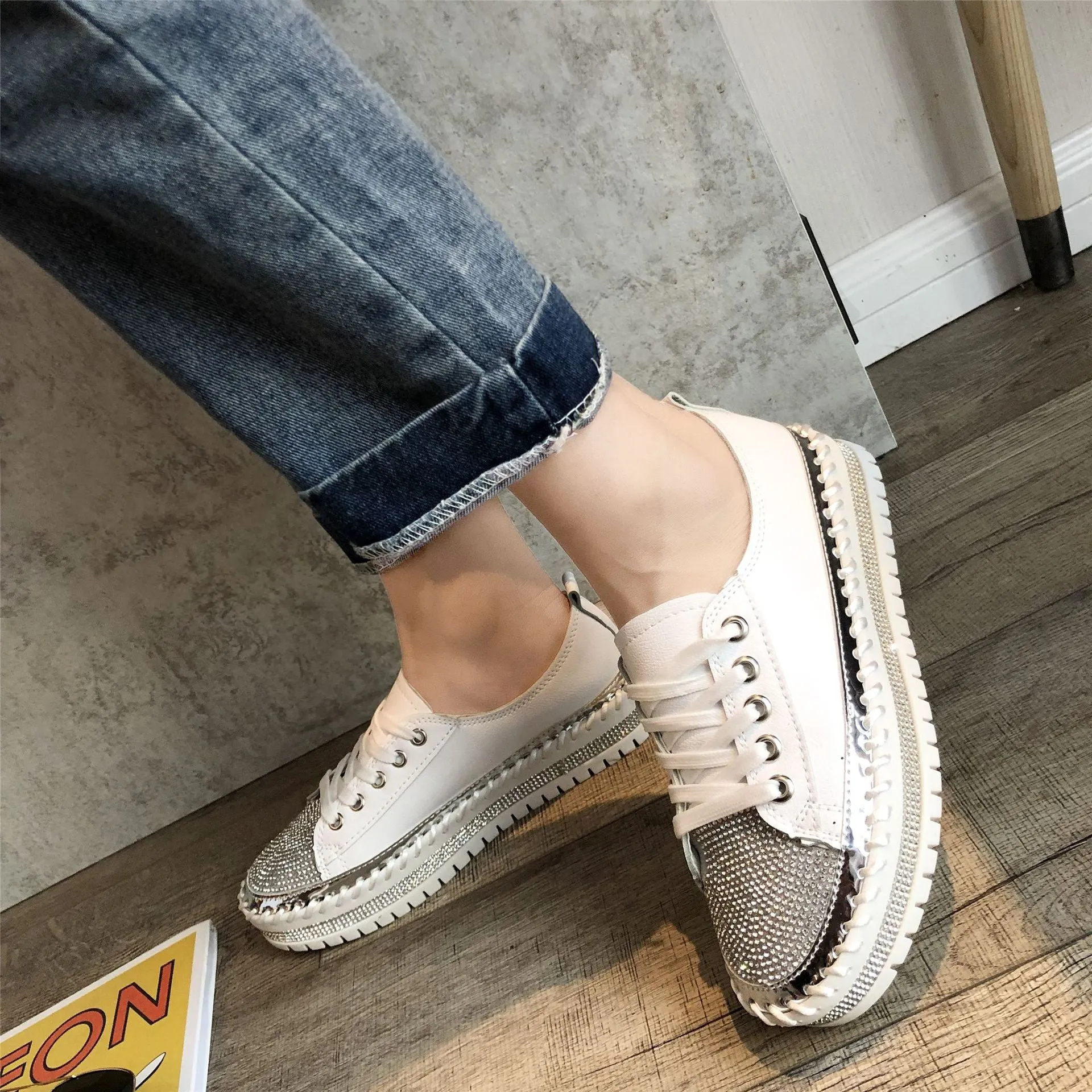 Foreign Trade Large Size White Shoes For Women 2023 New Diamond-encrusted Platform Thick-soled Loafers Sequined Edge Fashion Sneakers