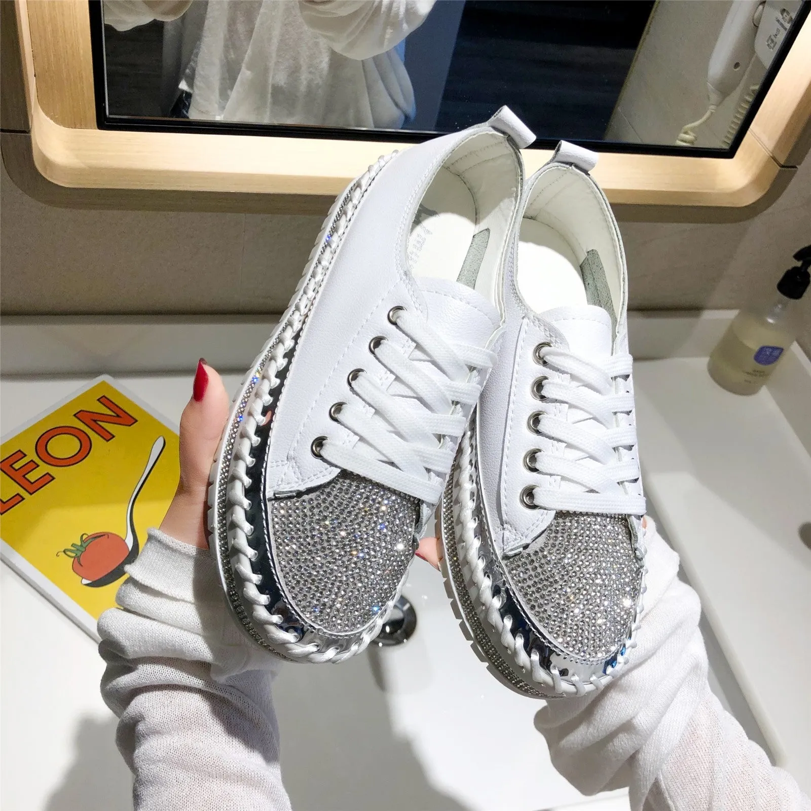 Foreign Trade Large Size White Shoes For Women 2023 New Diamond-encrusted Platform Thick-soled Loafers Sequined Edge Fashion Sneakers