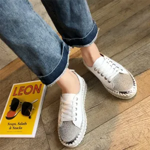Foreign Trade Large Size White Shoes For Women 2023 New Diamond-encrusted Platform Thick-soled Loafers Sequined Edge Fashion Sneakers
