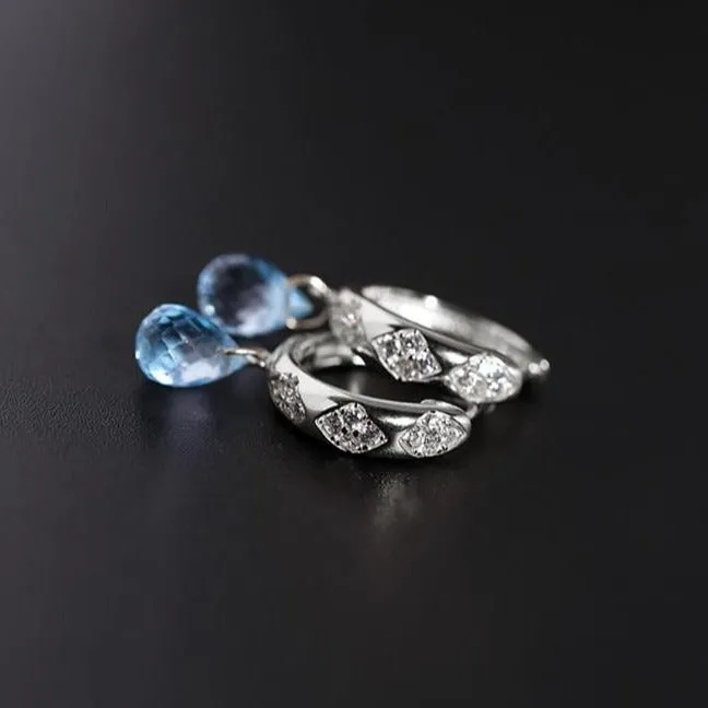 Genuine Blue Topaz Gemstones Earrings 925 Silver Women Jewelry