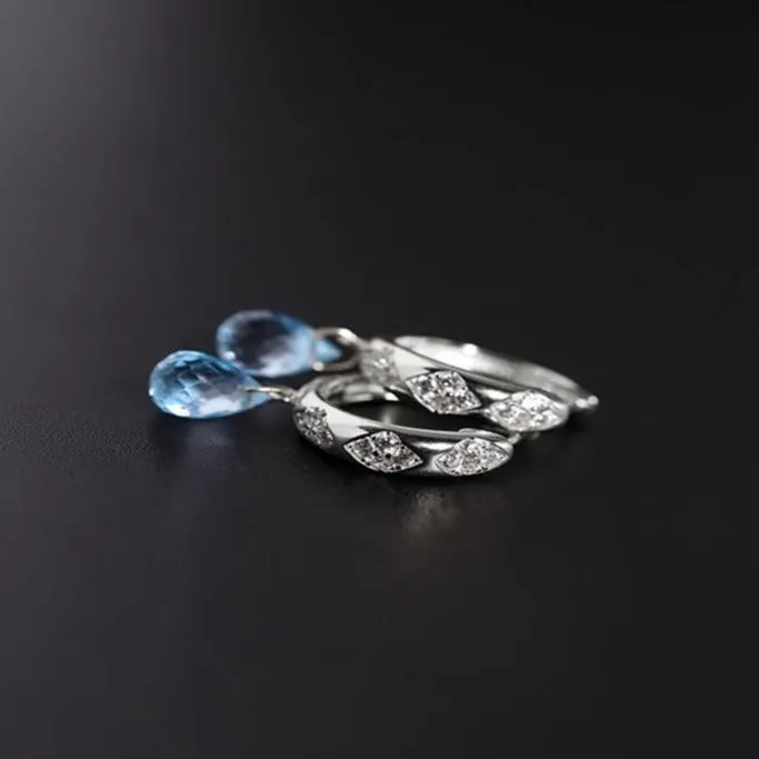 Genuine Blue Topaz Gemstones Earrings 925 Silver Women Jewelry